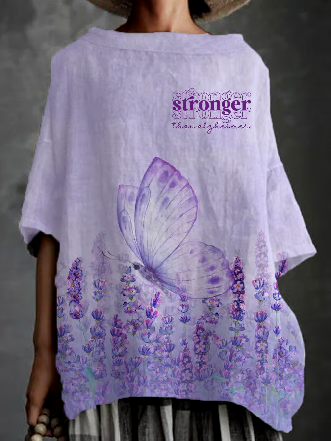 ?Buy 3 get 12% off丨Women's Alzheimer's Awareness Stronger Than Alzheimer Purple Floral Butterfly Printed Elegant Shirt