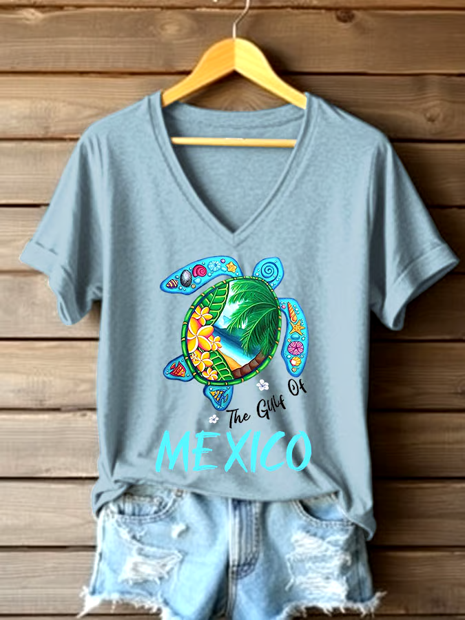 ?Buy 3 get 12% off丨Women's Sea Turtle The Gulf Of Mexico Printed V Neck T-shirt