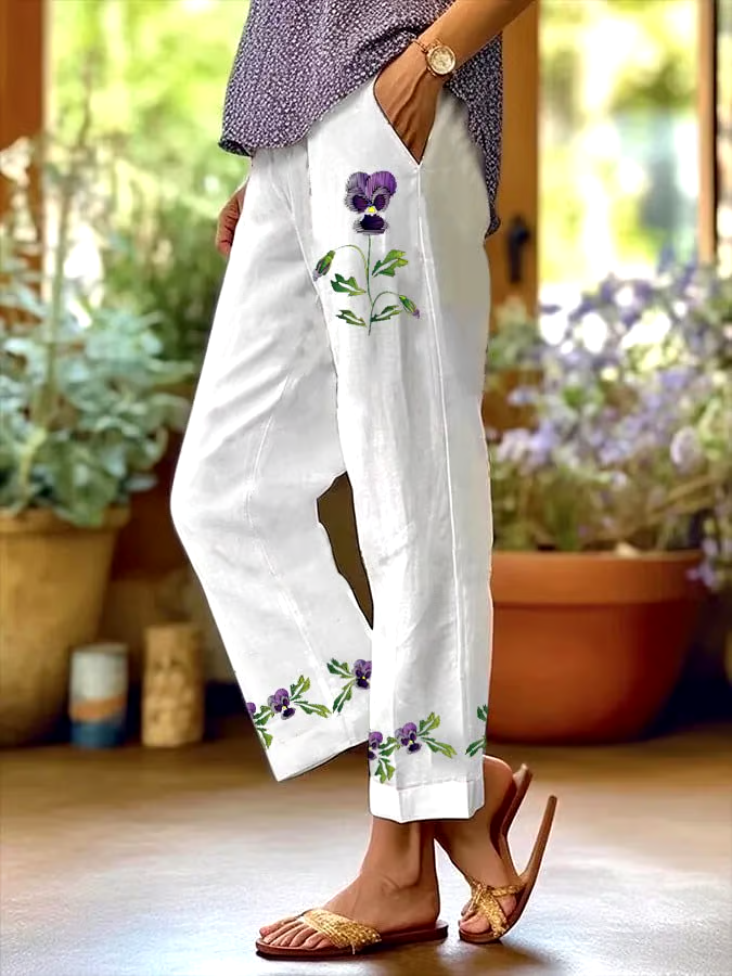 ?Buy 3 get 12% off丨Women's Purple Floral Pansy Dementia Alzheimer's Disease Awareness Printed Cotton and Linen Casual Pants