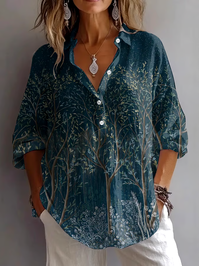 ?Buy 3 get 12% off丨Women's Forest Floral Print Lapel Button-Down Shirt丨?100% natural cotton