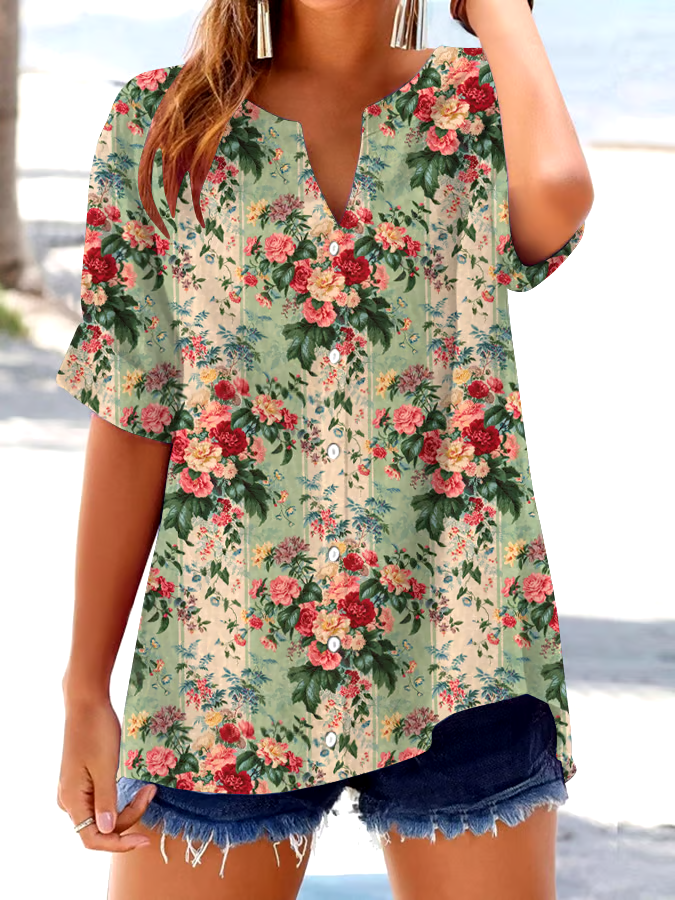 ?Buy 3 get 12% off丨Women's Retro Botanical Floral Button Design V-Neck Three-Quarter Sleeve Shirt