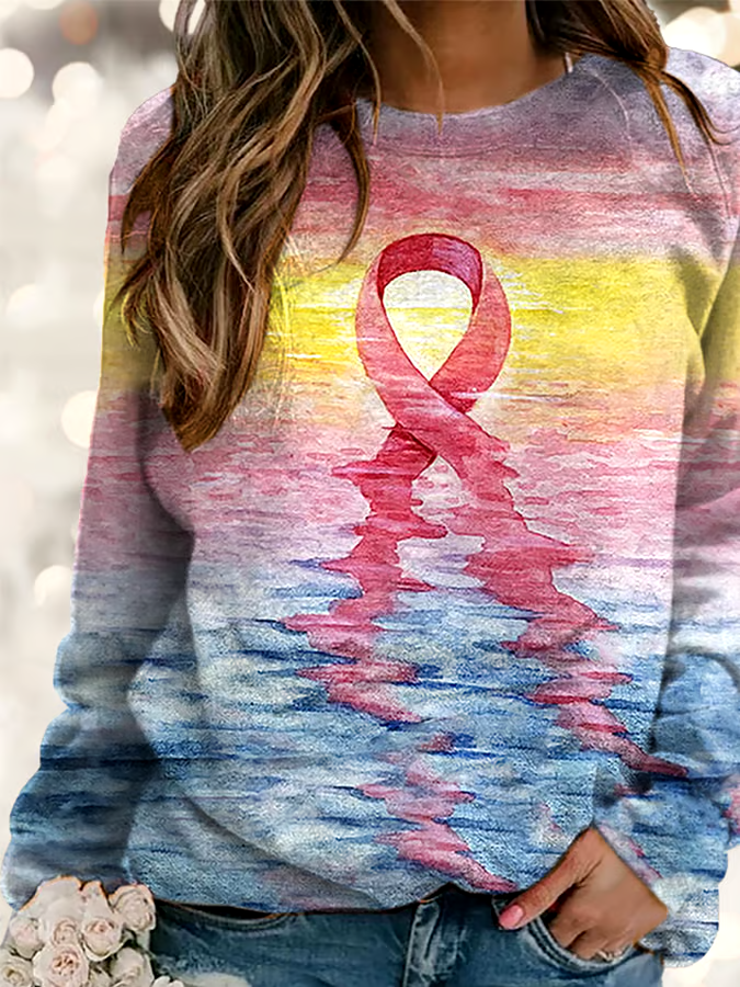 ?Buy 3 get 12% off丨Women's Pink Ribbon Breast Cancer Art Print Long Sleeve Sweatshirt