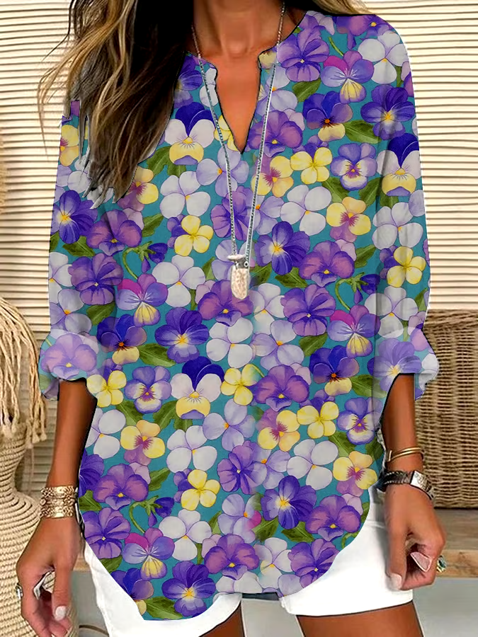 ?Buy 3 get 12% off丨Women's Casual Purple Art Pansy Cotton and Linen Shirt