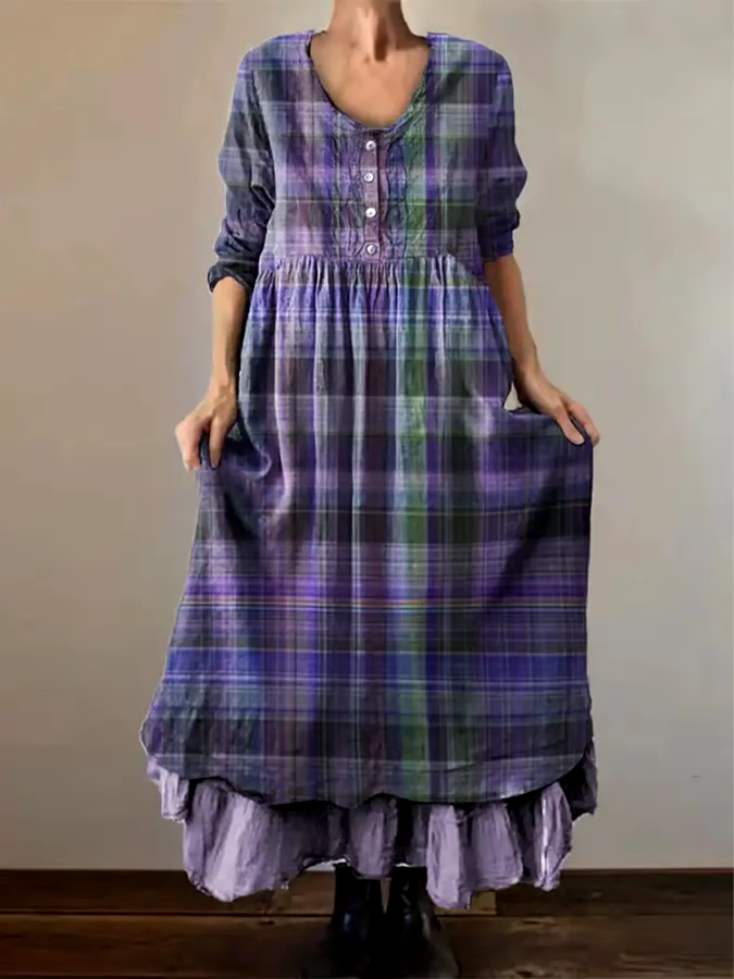 ?Buy 3 get 12% off丨Women's Alzheimer's Awareness Purple Grid Printed Long Sleeve Double-layered Long Skirt