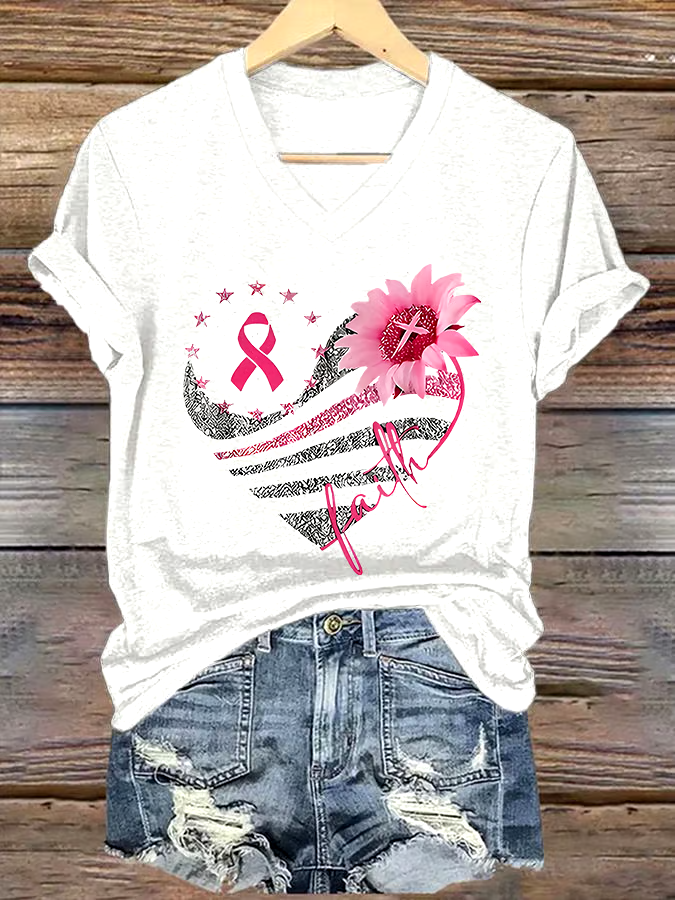 ?Buy 3 get 12% off丨Women's Casual Breast Cancer Cure Graphic Print V-Neck Short Sleeve T-Shirt