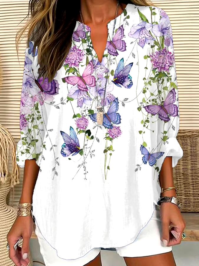 ?Buy 3 get 12% off丨Women's Purple Floral Print Casual Long Sleeve V-Neck Shirt