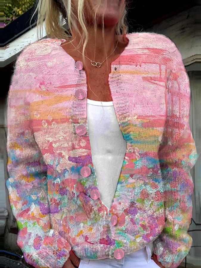 ?Buy 3 get 12% off丨Women's Pink Art Oil Painting Breast Cancer Sweater Knit Cardigan