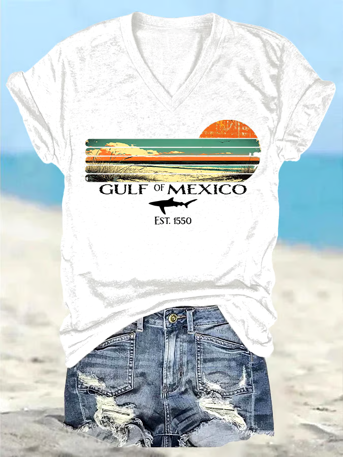 ?Buy 3 get 12% off丨Women's Retro Gulf Of Mexico Print T-Shirt