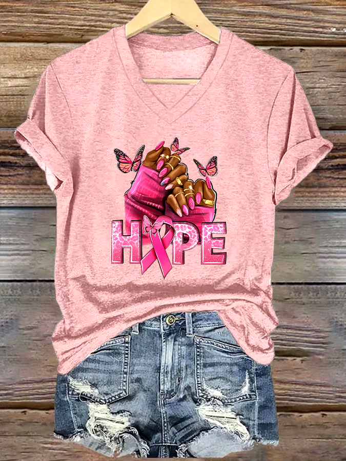 ?Buy 3 get 12% off丨Women's Casual Breast Cancer Cure Graphic Print V-Neck Short Sleeve T-Shirt