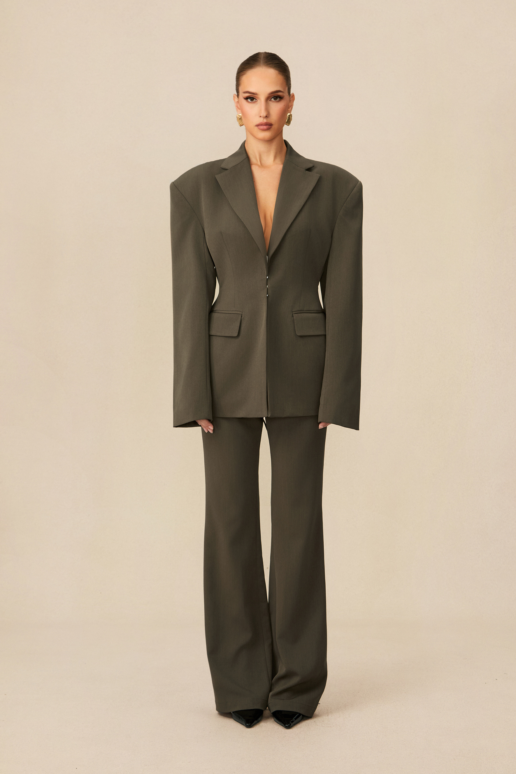 Joanna Lace Up Wide Shoulder Blazer & Trousers Set