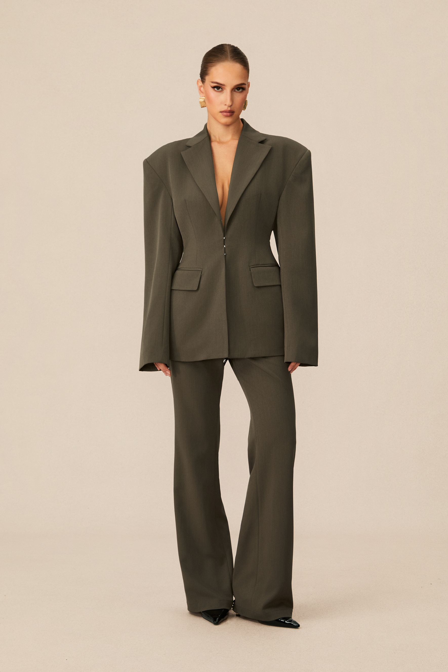 Joanna Lace Up Wide Shoulder Blazer & Trousers Set