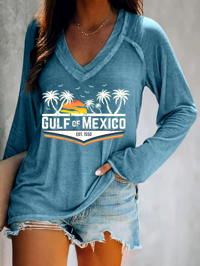 ?Buy 3 get 12% off丨Women's Gulf Of Mexico Print V Neck T-Shirt