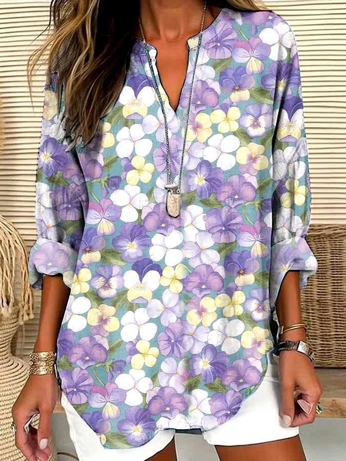 ?Buy 3 get 12% off丨Women's Casual Purple Art Pansy Cotton and Linen Shirt