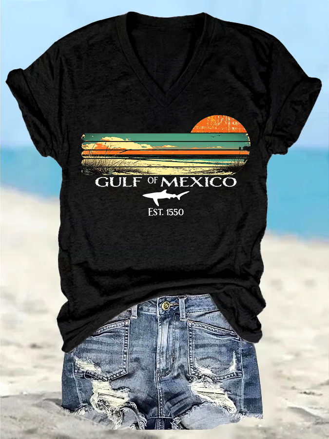 ?Buy 3 get 12% off丨Women's Retro Gulf Of Mexico Print T-Shirt