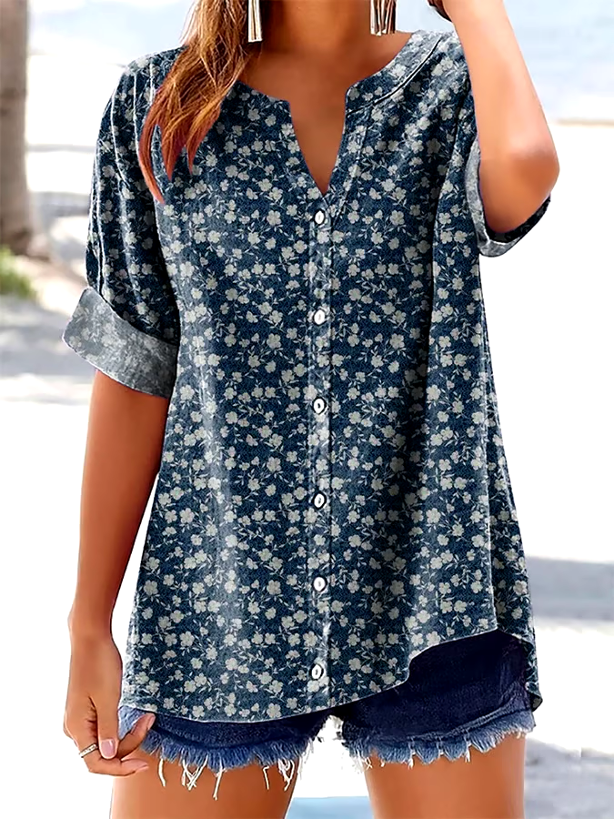 ?Buy 3 get 12% off丨Women's Vintage Floral Print Button Design V Neck Casual Shirt
