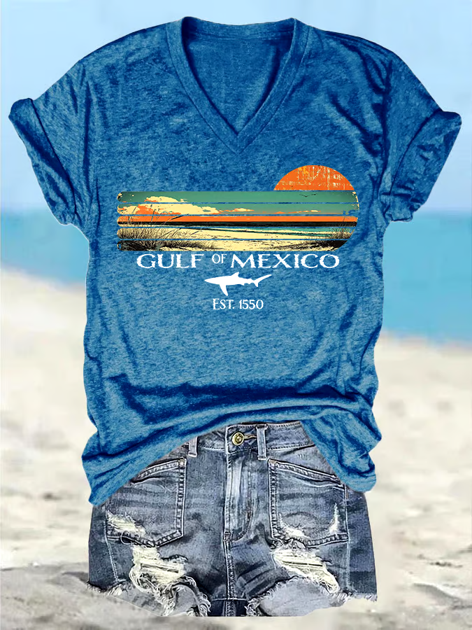 ?Buy 3 get 12% off丨Women's Retro Gulf Of Mexico Print T-Shirt