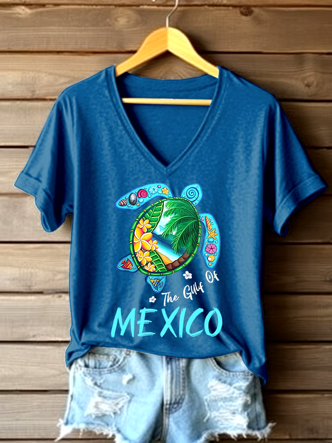 ?Buy 3 get 12% off丨Women's Sea Turtle The Gulf Of Mexico Printed V Neck T-shirt