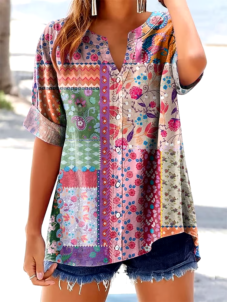 ?Buy 3 get 12% off丨Women's Vintage Floral Patchwork Print Button Design Shirt