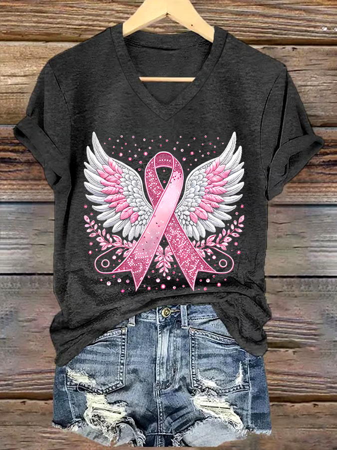 ?Buy 3 get 12% off丨Women's Casual Breast Cancer Cure Graphic Print V-Neck Short Sleeve T-Shirt