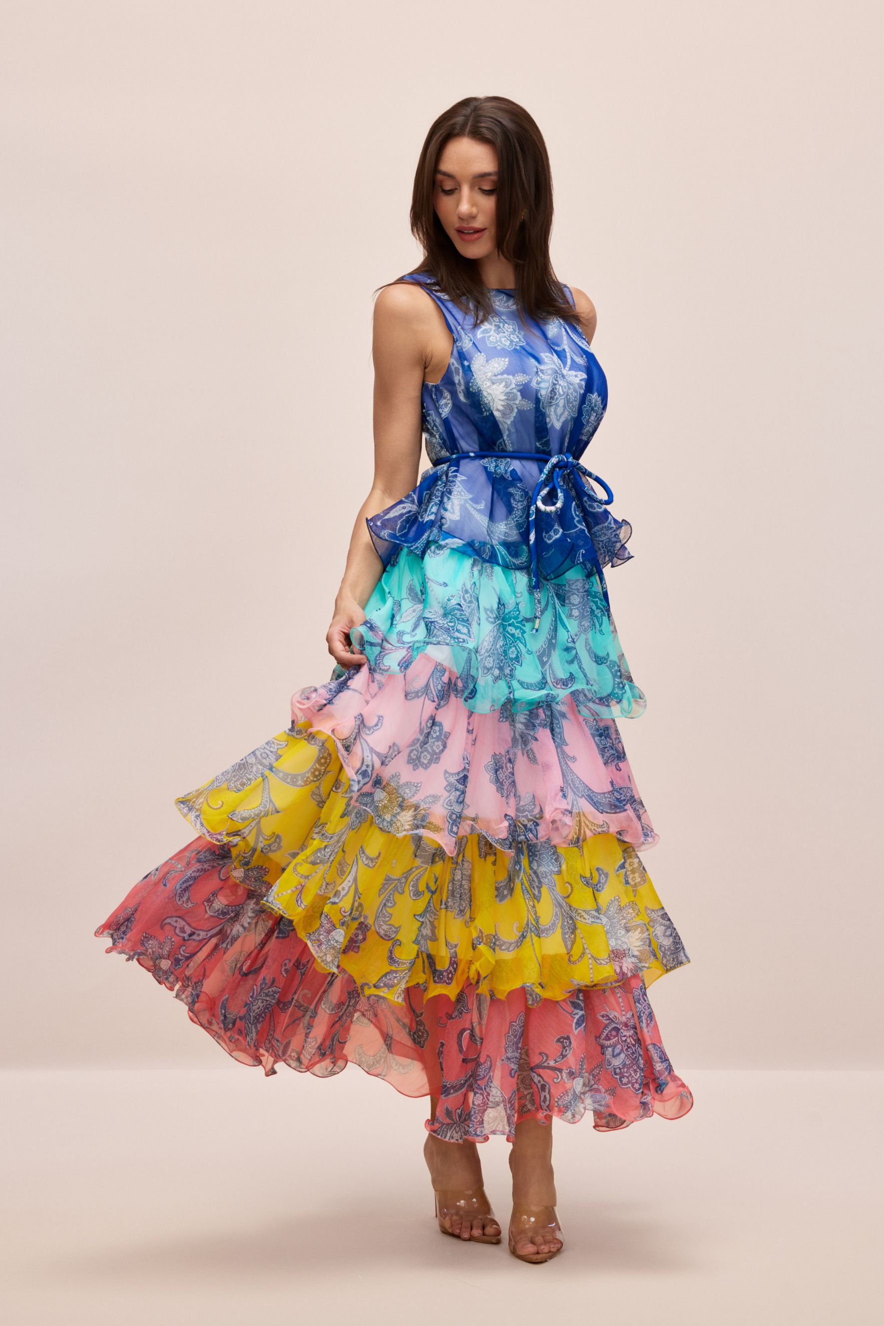 Cynthia Printed Tiered Ruffle Maxi Dress