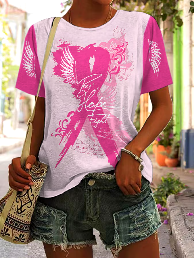 ?Buy 3 get 12% off丨Women's Casual Breast Cancer Healing Ribbon Printed Round Neck Short Sleeve T-Shirt