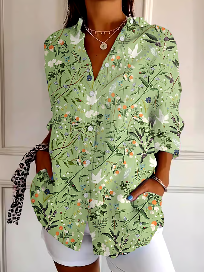 Women's Forest Floral Print Casual Lapel Shirt