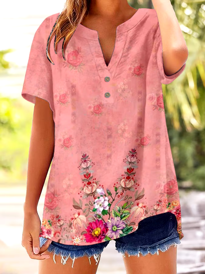 ?Buy 3 get 12% off丨Women's Vintage Botanical Floral Button Design V-Neck Short Sleeve Shirt