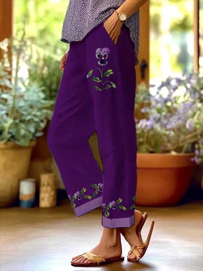 ?Buy 3 get 12% off丨Women's Purple Floral Pansy Dementia Alzheimer's Disease Awareness Printed Cotton and Linen Casual Pants