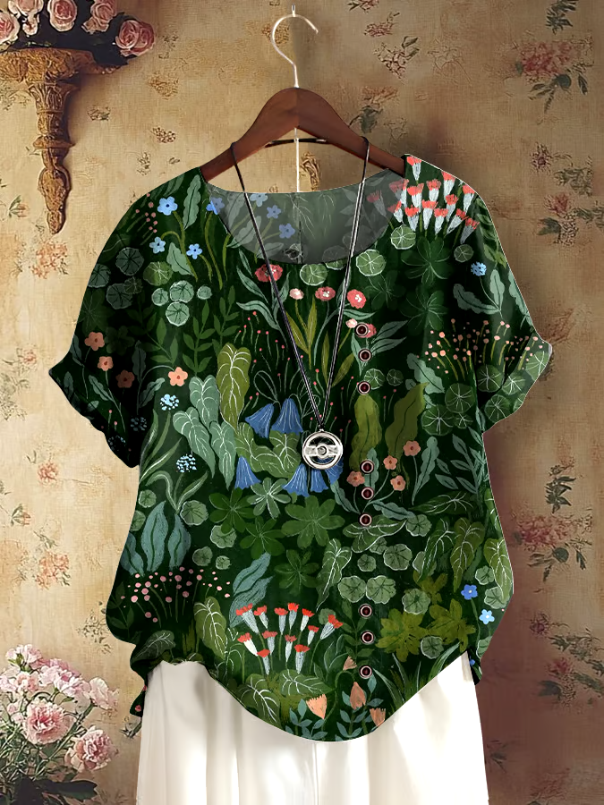 ?Buy 3 get 12% off丨Women's Retro Forest Plant Floral Print Shirt丨?100% natural cotton