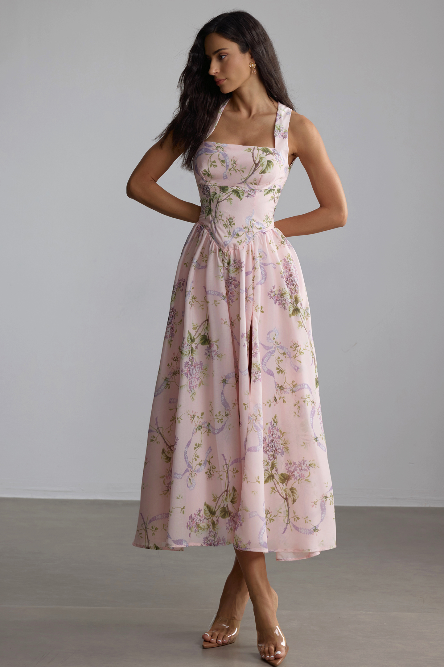 Elise Floral Print Open Back Midi Dress
