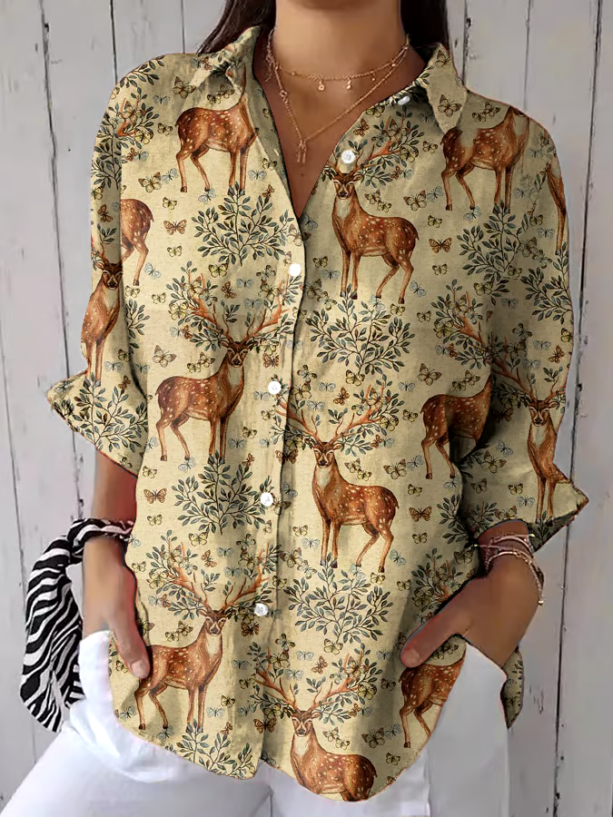 ?Buy 3 get 12% off丨Women's Casual Retro Forest Animal Print Cotton And Linen Shirt丨?100% natural cotton
