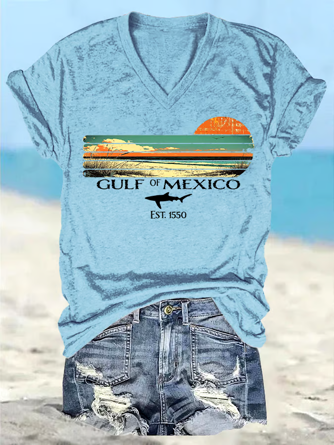?Buy 3 get 12% off丨Women's Retro Gulf Of Mexico Print T-Shirt