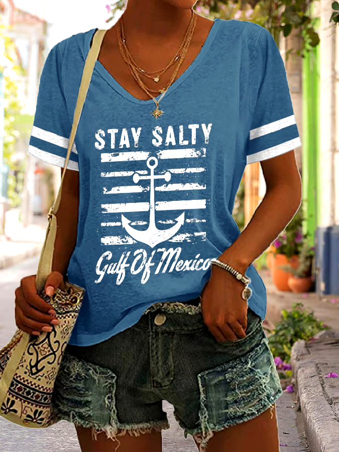 ?Buy 3 get 12% off丨Women's Stay Salty Gulf Of Mexico Print V Neck T-Shirt