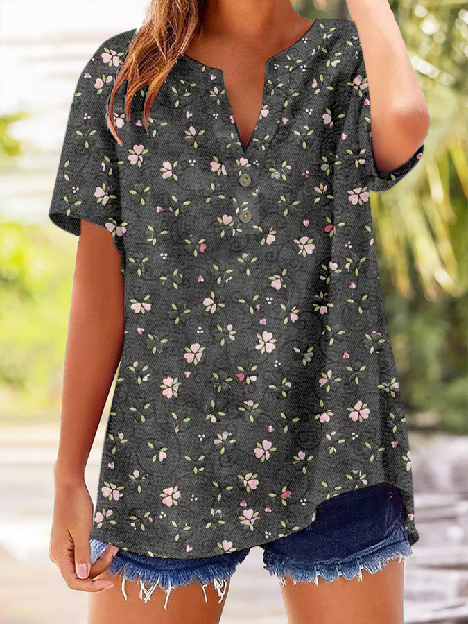 ?Buy 3 get 12% off丨Women's Vintage Botanical Floral Button Design V-Neck Short Sleeve Shirt