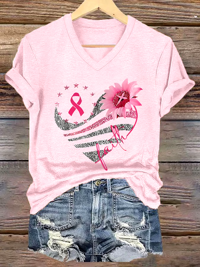 ?Buy 3 get 12% off丨Women's Casual Breast Cancer Cure Graphic Print V-Neck Short Sleeve T-Shirt