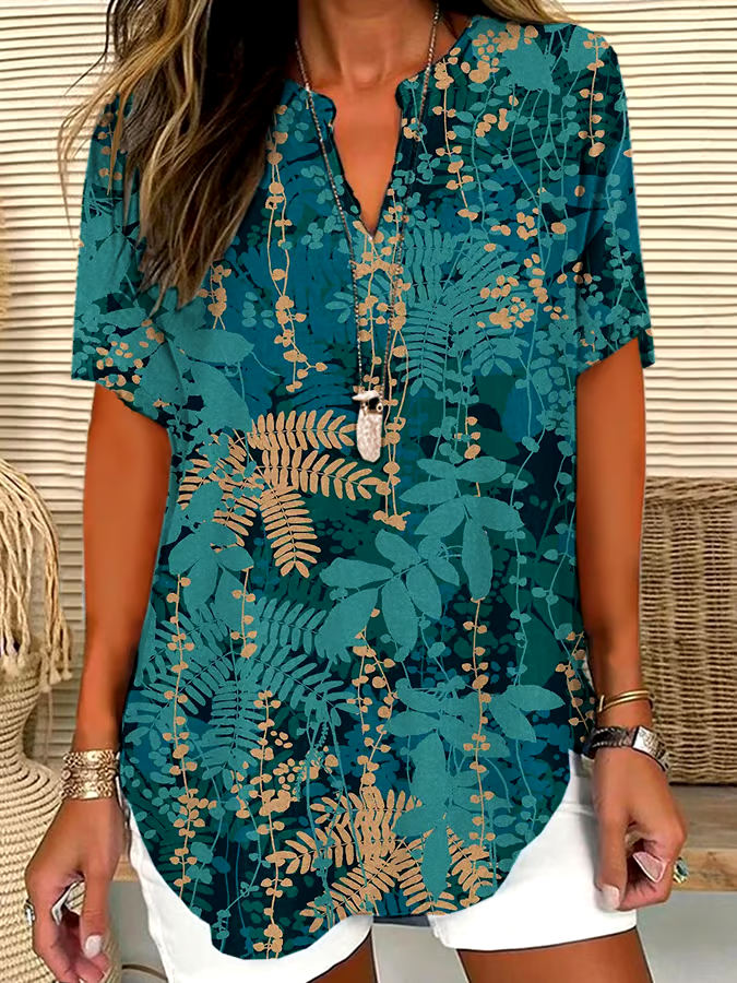 ?Buy 3 get 12% off丨Women's Forest Floral Print V-Neck Casual Short Sleeve Shirt丨?100% natural cotton