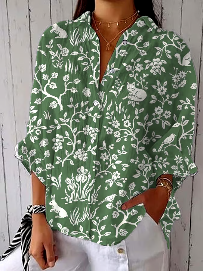 ?Buy 3 get 12% off丨Women's Spring and Summer Plant Animal Print Lapel Shirt丨?100% natural cotton