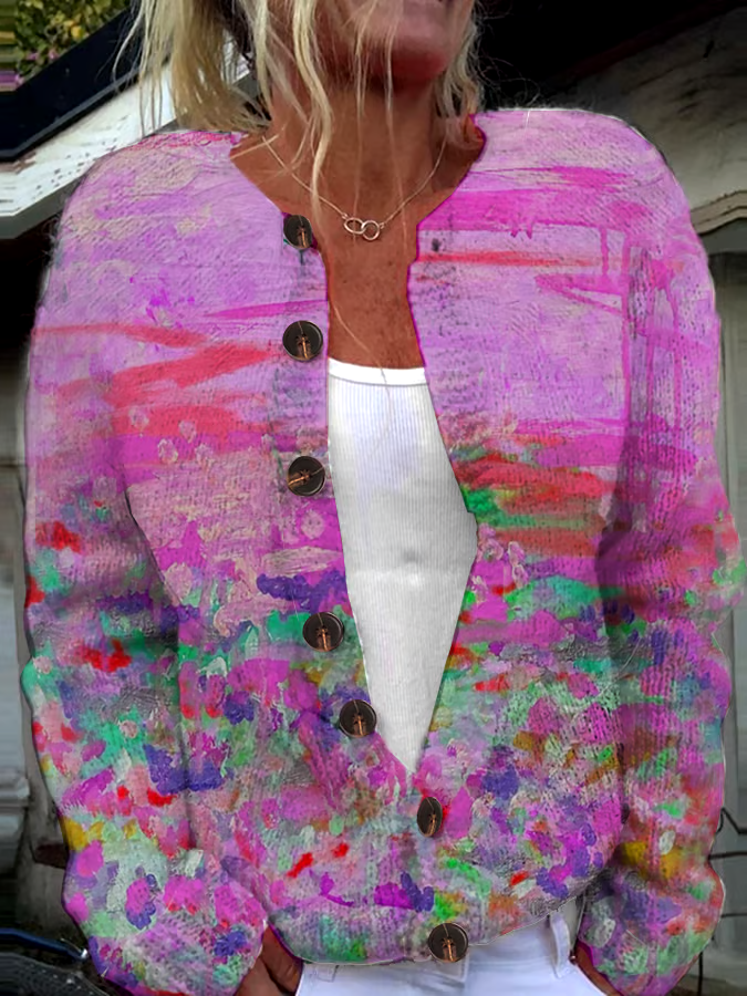 ?Buy 3 get 12% off丨Women's Pink Art Oil Painting Breast Cancer Sweater Knit Cardigan