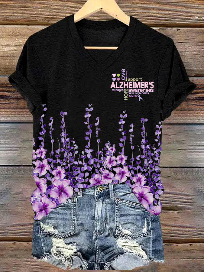 ?Buy 3 get 12% off丨Women's Alzheimer's Disease Awareness Floral Print V-Neck T-Shirt