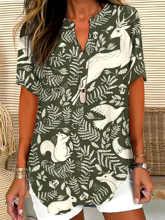 ?Buy 3 get 12% off丨Women's Forest Floral Animal Print V-Neck Casual Short Sleeve Shirt丨?100% natural cotton