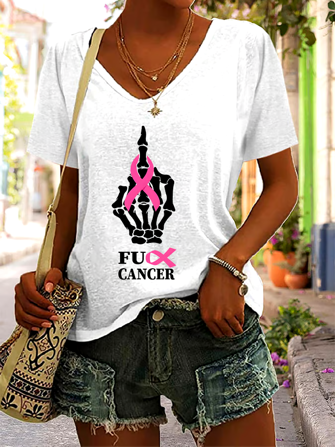 ?Buy 3 get 12% off丨Women's Casual Breast Cancer Graphic Print V-Neck Short Sleeve T-Shirt