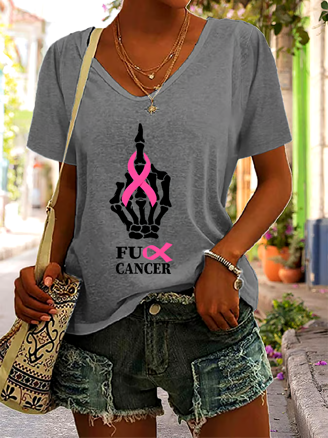 ?Buy 3 get 12% off丨Women's Casual Breast Cancer Graphic Print V-Neck Short Sleeve T-Shirt
