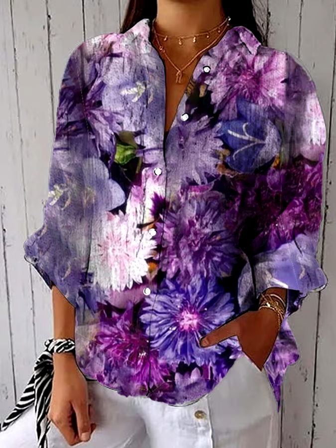 Women's Alzheimer's Awareness Purple Floral Print Lapel Shirt