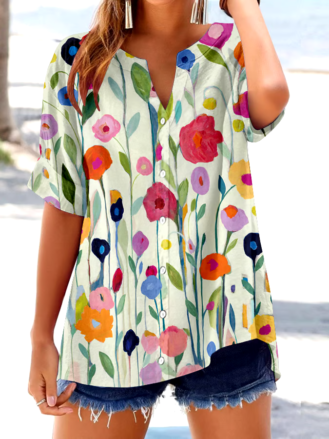 ?Buy 3 get 12% off丨Women's Retro Botanical Floral Button Design V-Neck Three-Quarter Sleeve Shirt