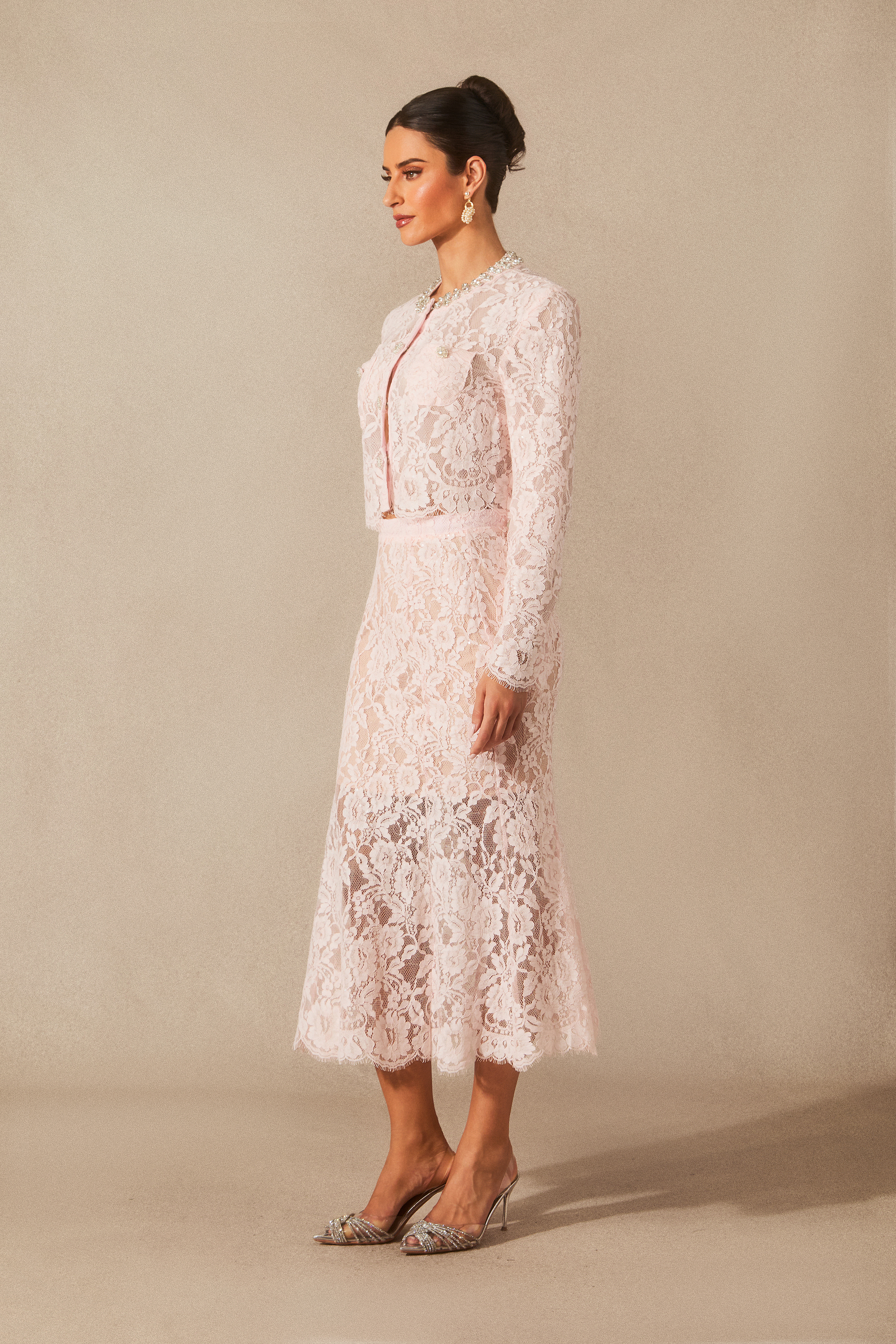 Olivia Long Sleeve Floral Lace Top & Midi Skirt Set