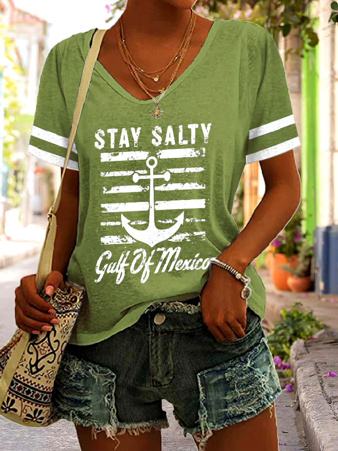 ?Buy 3 get 12% off丨Women's Stay Salty Gulf Of Mexico Print V Neck T-Shirt