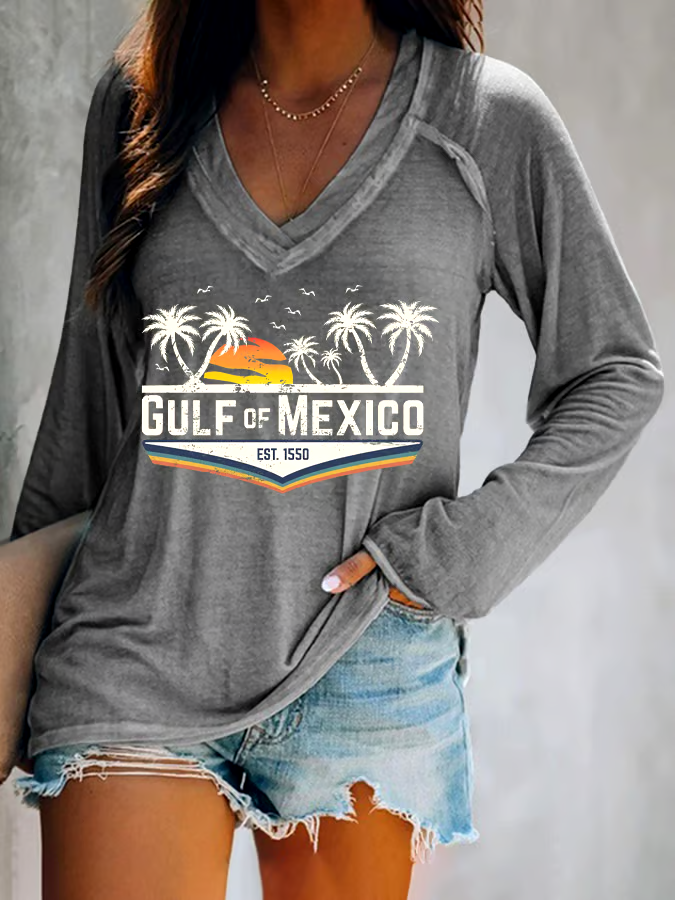 ?Buy 3 get 12% off丨Women's Gulf Of Mexico Print V Neck T-Shirt