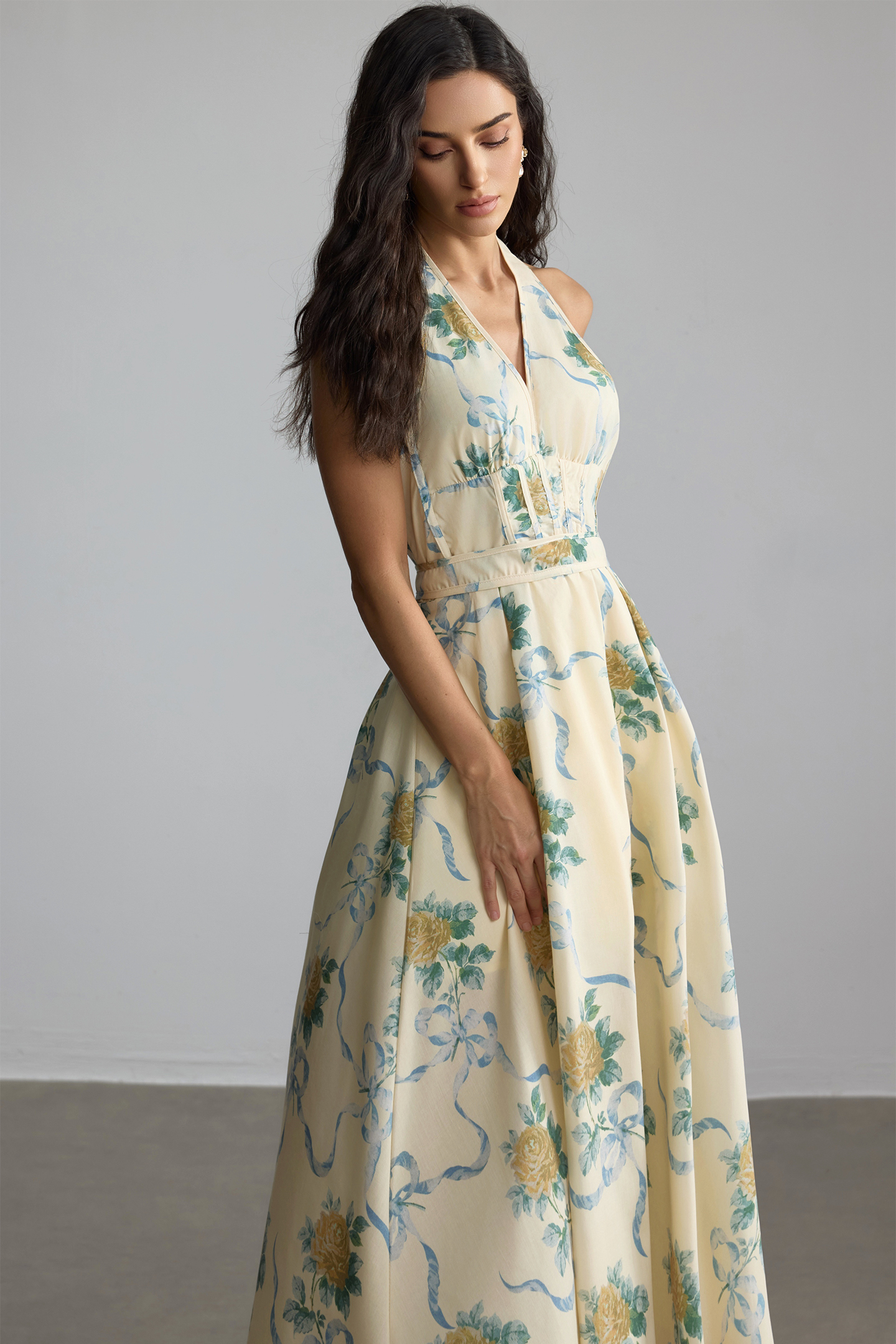 Loralie Floral Print Deep V Neck Midi Dress