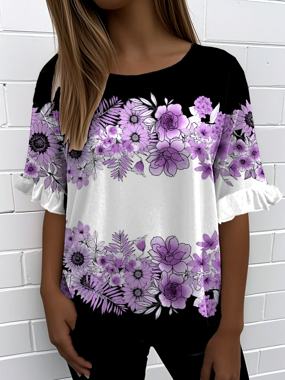 ?Buy 3 get 12% off丨Women'S Retro Purple Floral Print Round Neck Ruffle Short Sleeve T-shirt