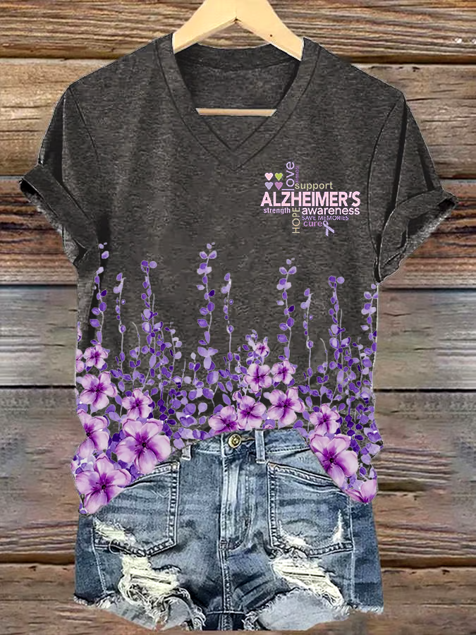 ?Buy 3 get 12% off丨Women's Alzheimer's Disease Awareness Floral Print V-Neck T-Shirt